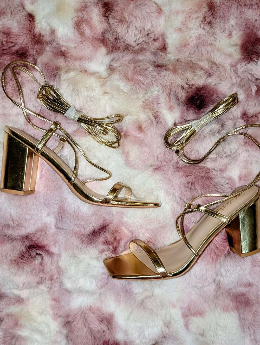 Liquid Metallic Gold Lace Up Square Toe Block Heel Sandals Size 9.5 NWOT